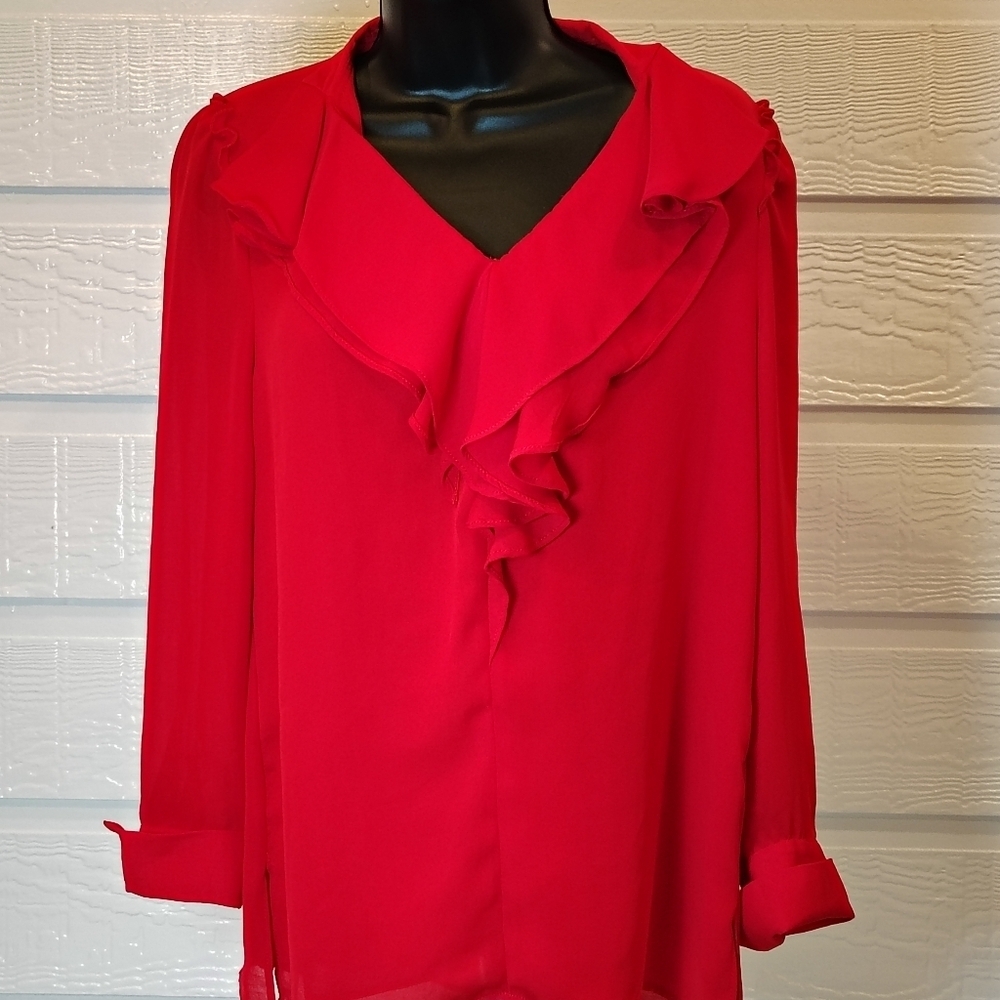 Catherine Malandrino Womens Size Small Red Long Sleeve Blouse Ruffle Front - Picture 2 of 8
